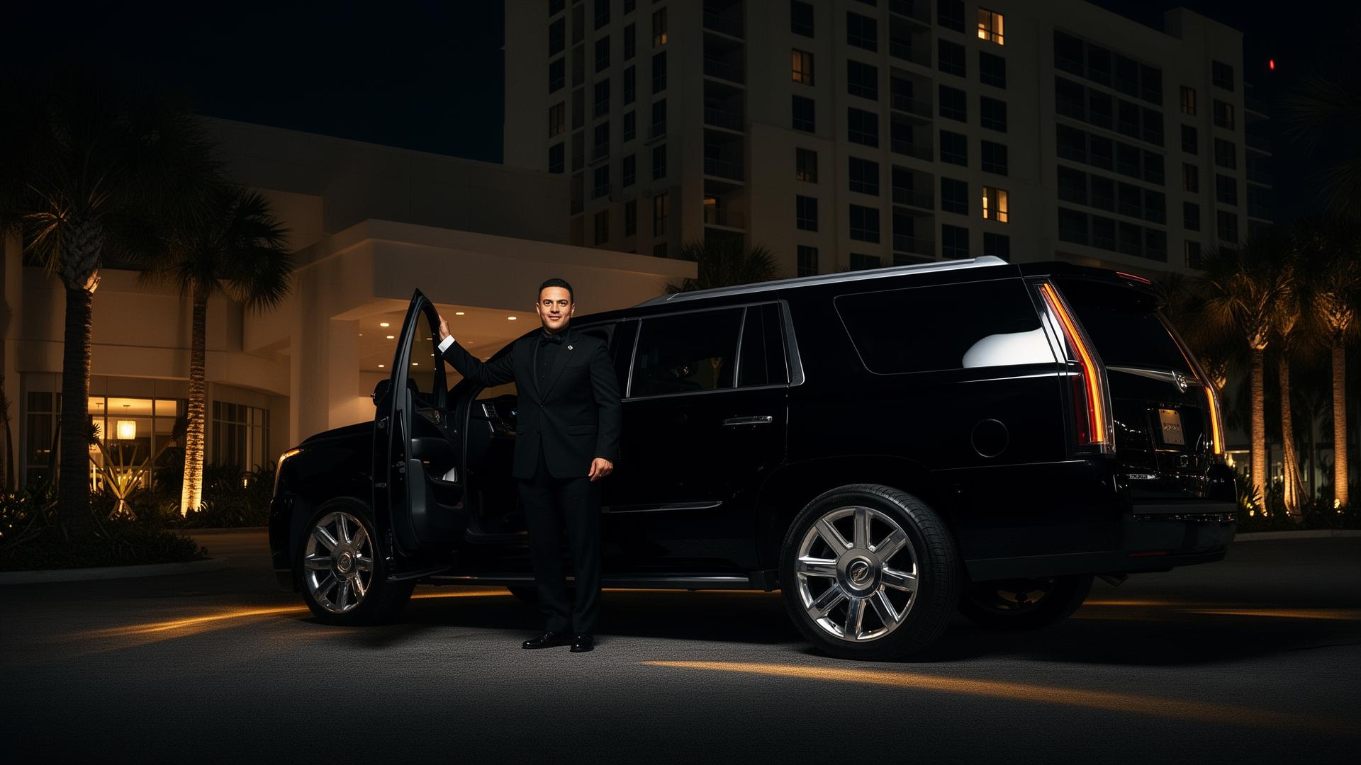 Luxury black SUV with professional chauffeur in Daytona Beach